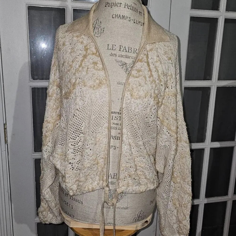 Anthropologie Womens Tan Natural Cropped Lace Cardigan Sweater M/L Medium Large